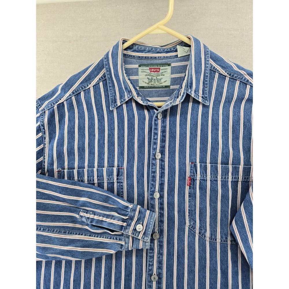 Vtg Levis Shirt Men Large Stripe Redline "Selvedge" Metal Button Denim - Picture 2 of 8